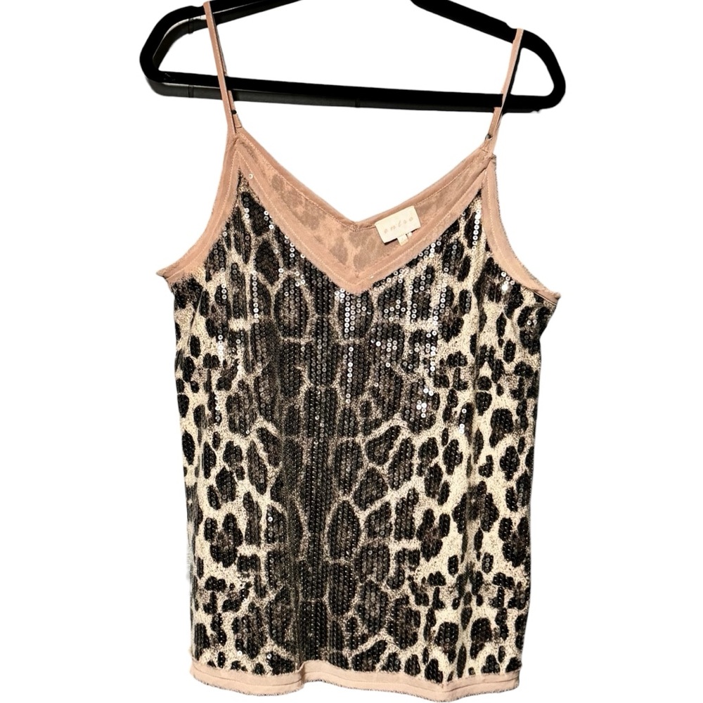 ENTRO Fully Sequined Animal Leopard Print Raw Edge Sleeveless Tank Blouse - Picture 2 of 11